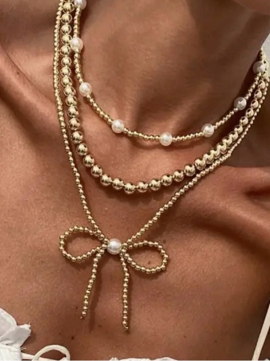 Hautesales Jewelry - Gold Multilayer Bead Pearl Bow Necklace (3320)